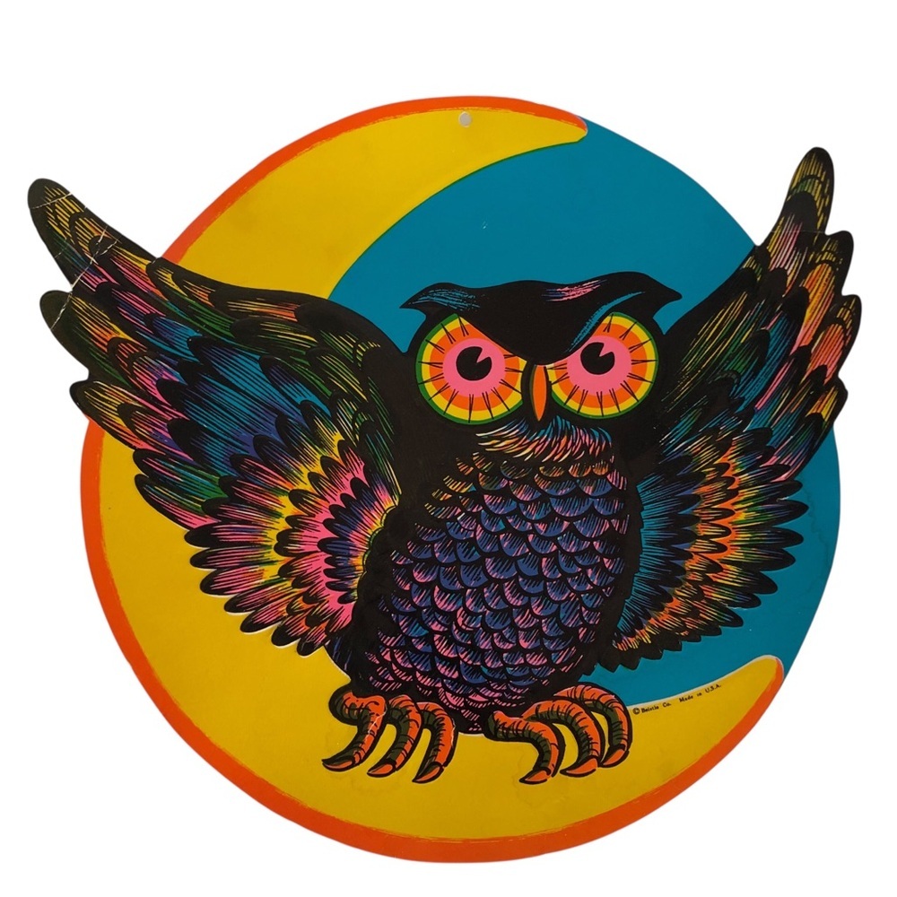 VINTAGE 70s Rare Beistle Halloween Colorful Owl & Moon Embossed Die Cut Decor